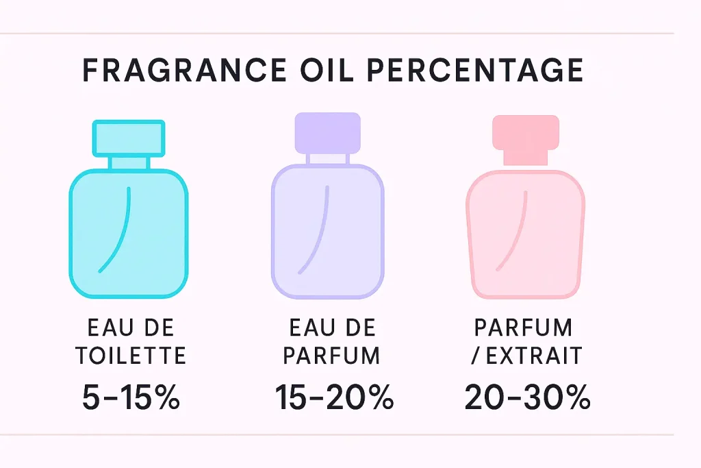 “Fragrance concentration chart: Extrait, EDP, EDT percentages”
