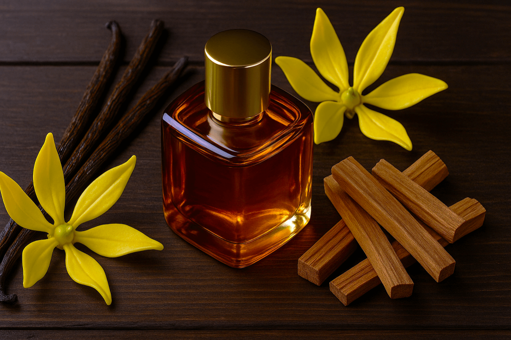 Vanilla, ylang‑ylang, and sandalwood perfume notes, home made perfume