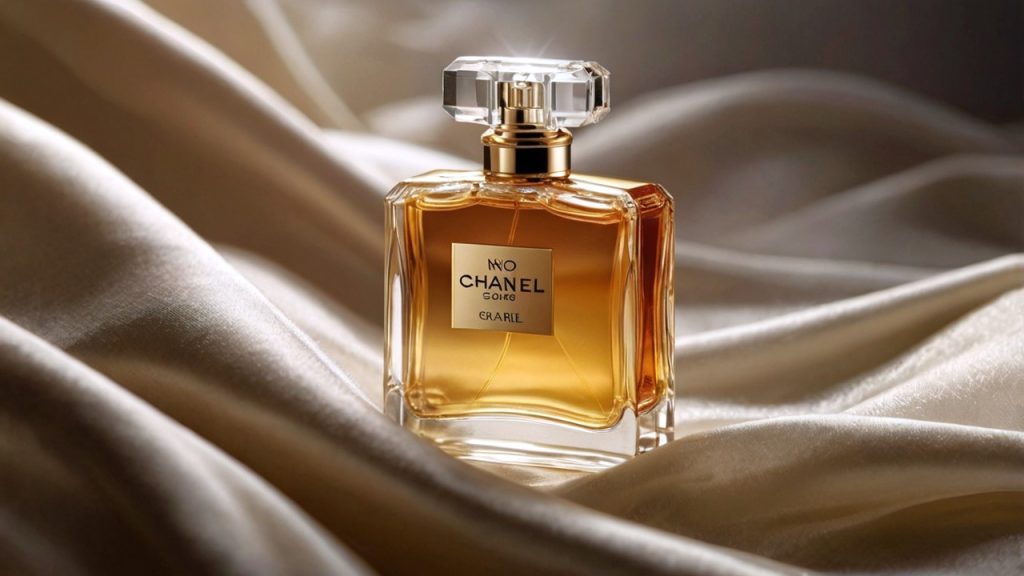 Crystal perfume bottle resting on ivory silk fabric.
