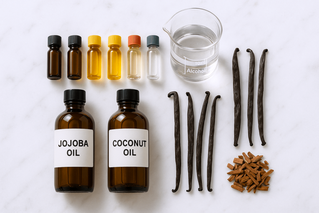 Essential oils, alcohol, and fixatives for perfume