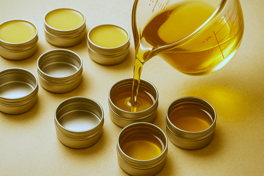 Pouring solid perfume into tins, home made perfume