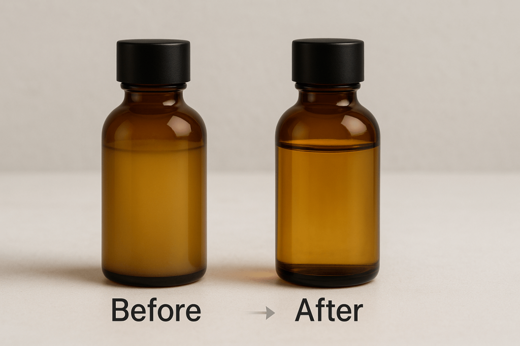 Cloudy vs. clear DIY perfume example, home made perfume