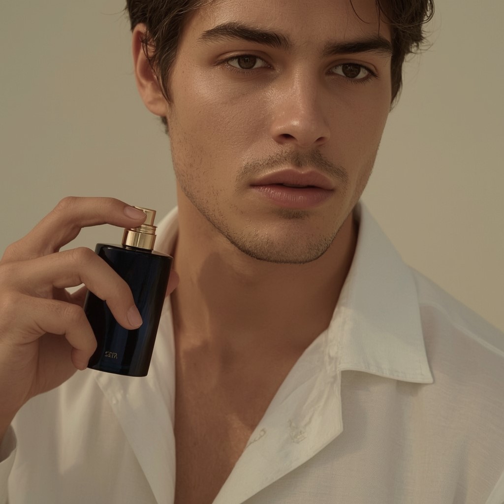 man spraying perfume on his neck for pulse‑point application.