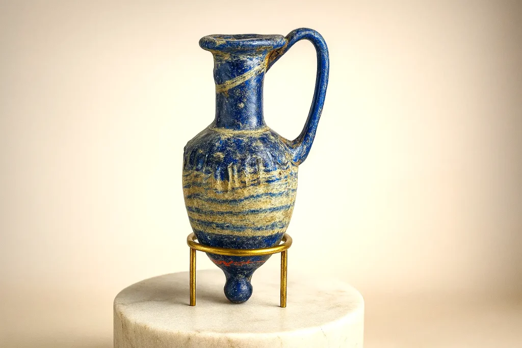 Ancient Egyptian alabaster perfume vessel displayed in museum.