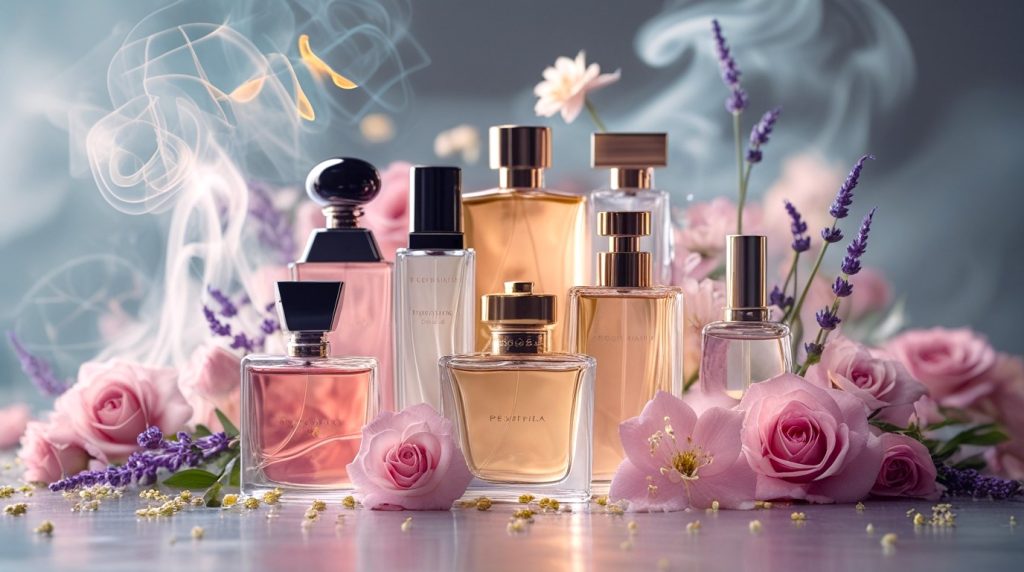Assorted elegant perfume bottles arranged with fresh flowers.