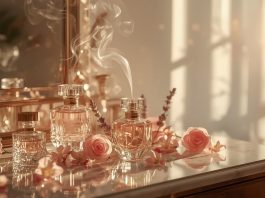 Assorted elegant perfume bottles arranged with fresh flowers.