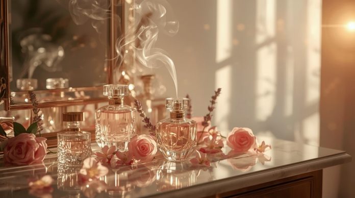 Assorted elegant perfume bottles arranged with fresh flowers.