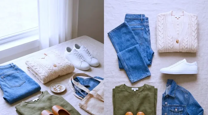 10 Casual Outfit Ideas for Women That Look Pulled Together Casual outfit flat lay with white sneakers, jeans, cardigan, denim jacket, midi dress, tote bag, ballet flats, and gold jewelry.