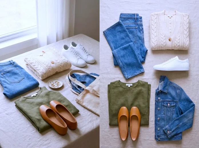Casual outfit flat lay with white sneakers, jeans, cardigan, denim jacket, midi dress, tote bag, ballet flats, and gold jewelry.