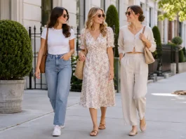 cute outfit ideas, white sneakers, straight-leg jeans, cardigan, floral dress, tote bag, ballet flats,