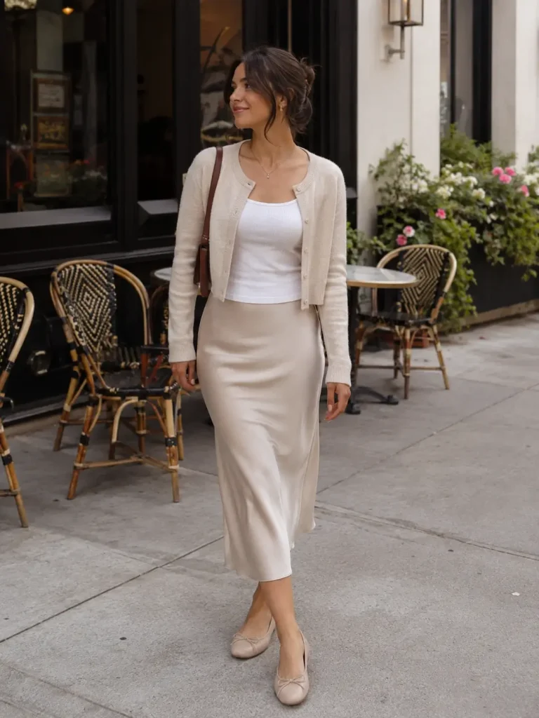 Cute Outfit Ideas for Women, the skirt feels feminine, the tank keeps it simple, and the cardigan makes it easier to wear during cooler evenings.