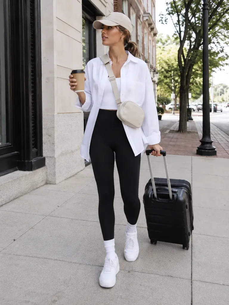 Cute Outfit Ideas for Women, leggings are comfortable, but the longer shirt gives coverage and makes the outfit look more styled.