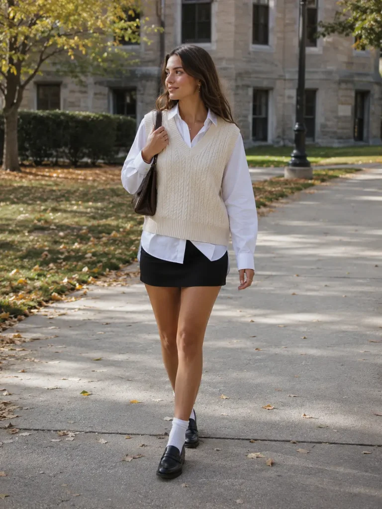 Cute Outfit Ideas for Women, the layers add interest without making the outfit too busy. Loafers keep it polished.