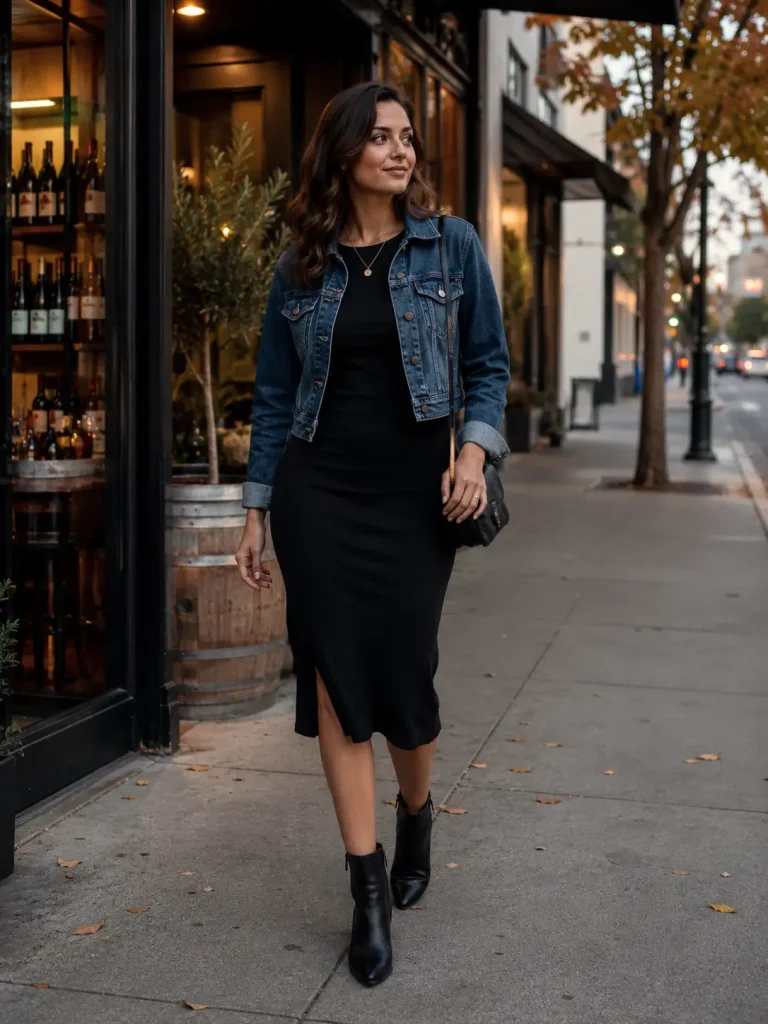 Cute Outfit Ideas for Women, a black dress is easy to dress up or down. The denim jacket keeps it relaxed, and the boots add structure.