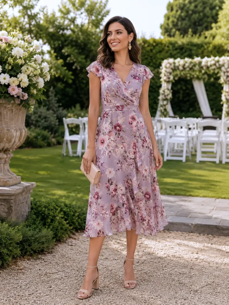 Wedding Guest Outfit Ideas, Floral Midi Dress, A midi dress feels dressy without being too formal. Block heels are easier for grass, patios, and long ceremonies.