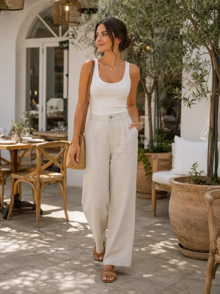 Brunch Outfit Ideas, Linen Pants and Tank Top, Linen pants feel breezy but more polished than shorts.