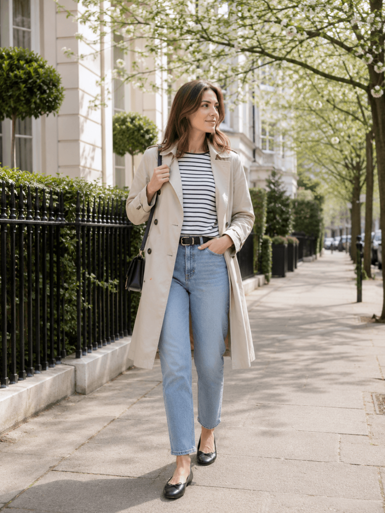 Seasonal Outfit Ideas, Spring Outfit Idea, The trench handles changing weather, and the striped tee adds interest without feeling loud.