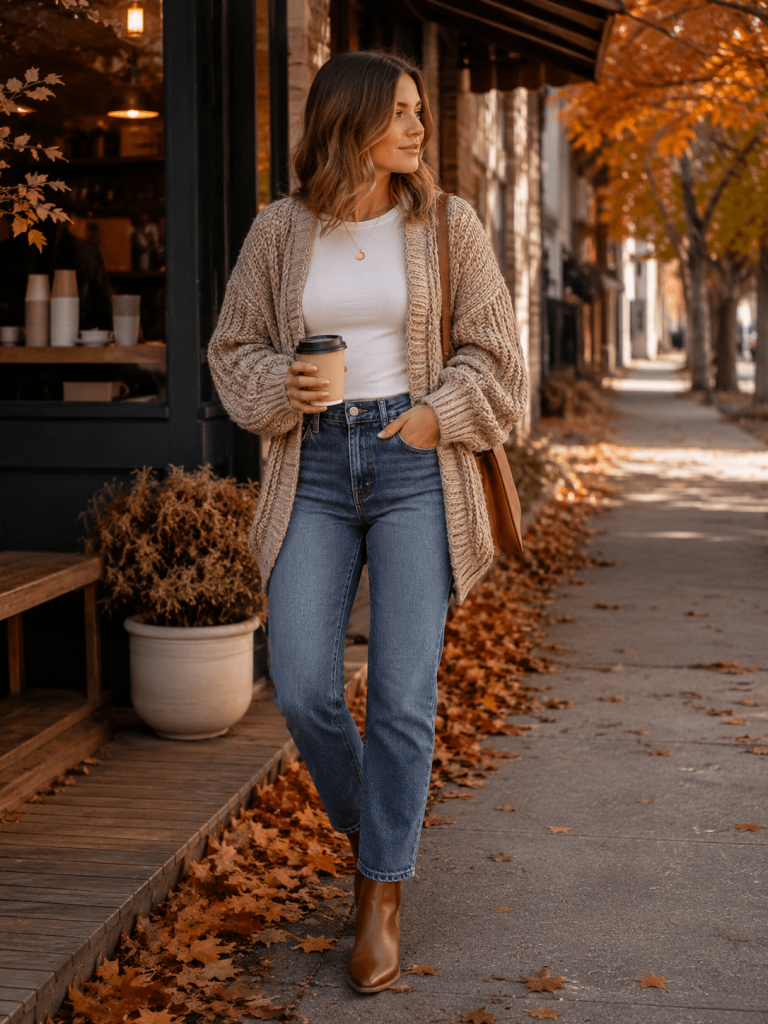 Fall Outfit Idea, The cardigan adds warmth and texture, while jeans and boots make the outfit easy to wear.