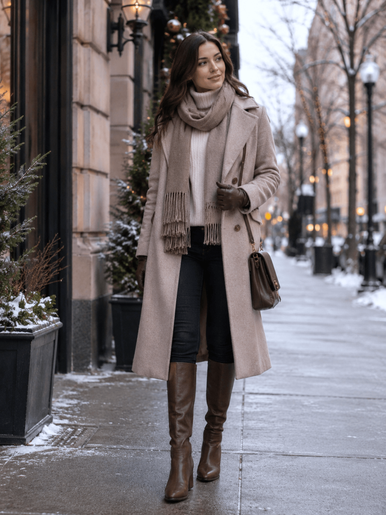 Winter Outfit Idea, The coat does the heavy lifting. A turtleneck and boots make the outfit feel finished.