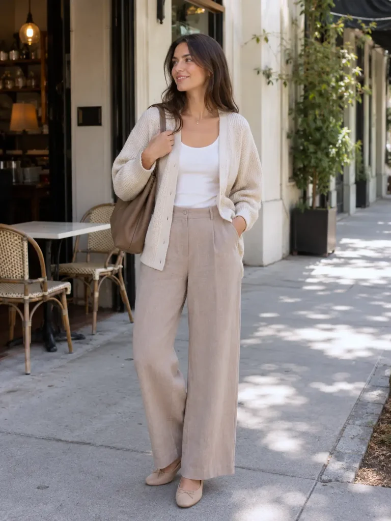 The cardigan adds softness, while wide-leg pants make the outfit feel more polished than leggings or joggers.