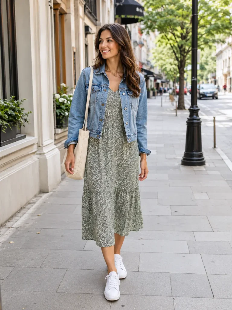 White Sneakers Outfit Idea, White sneakers make a dress easier to wear during the day.