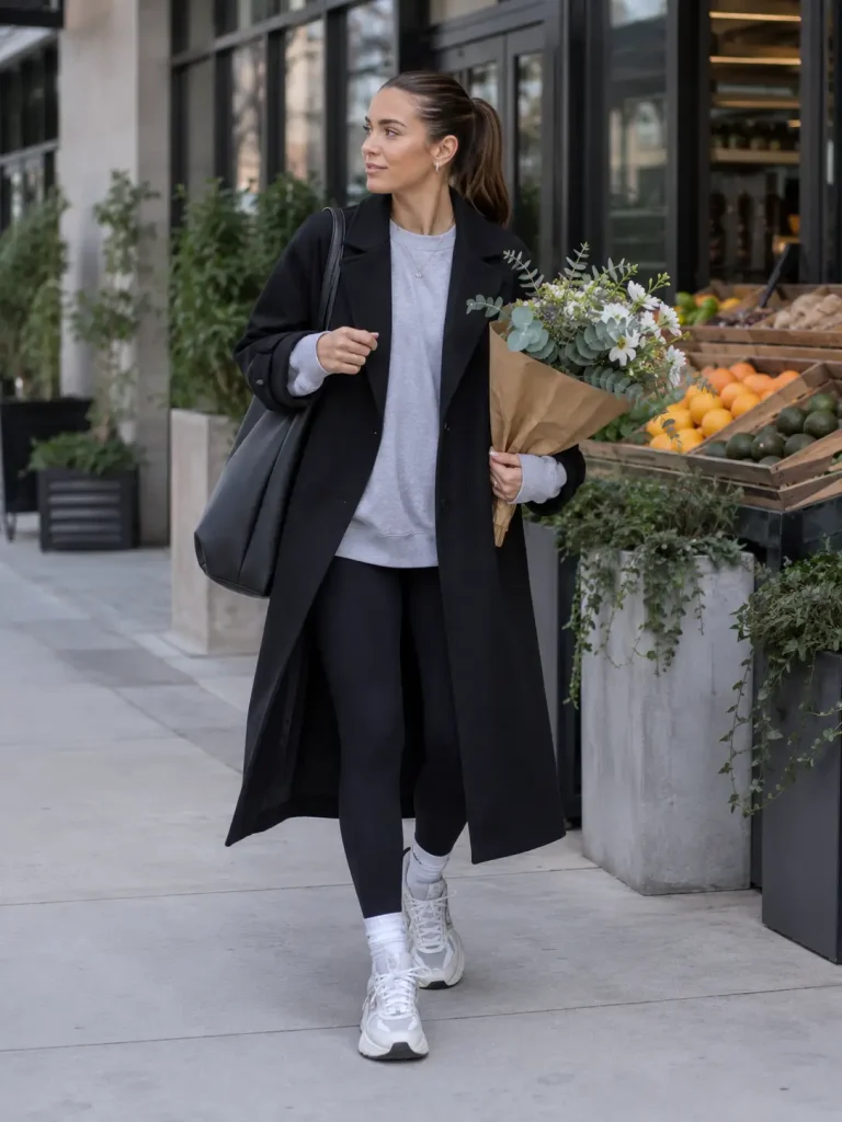 Black Leggings Outfit Idea, The long coat adds shape and keeps leggings from looking too gym-focused.