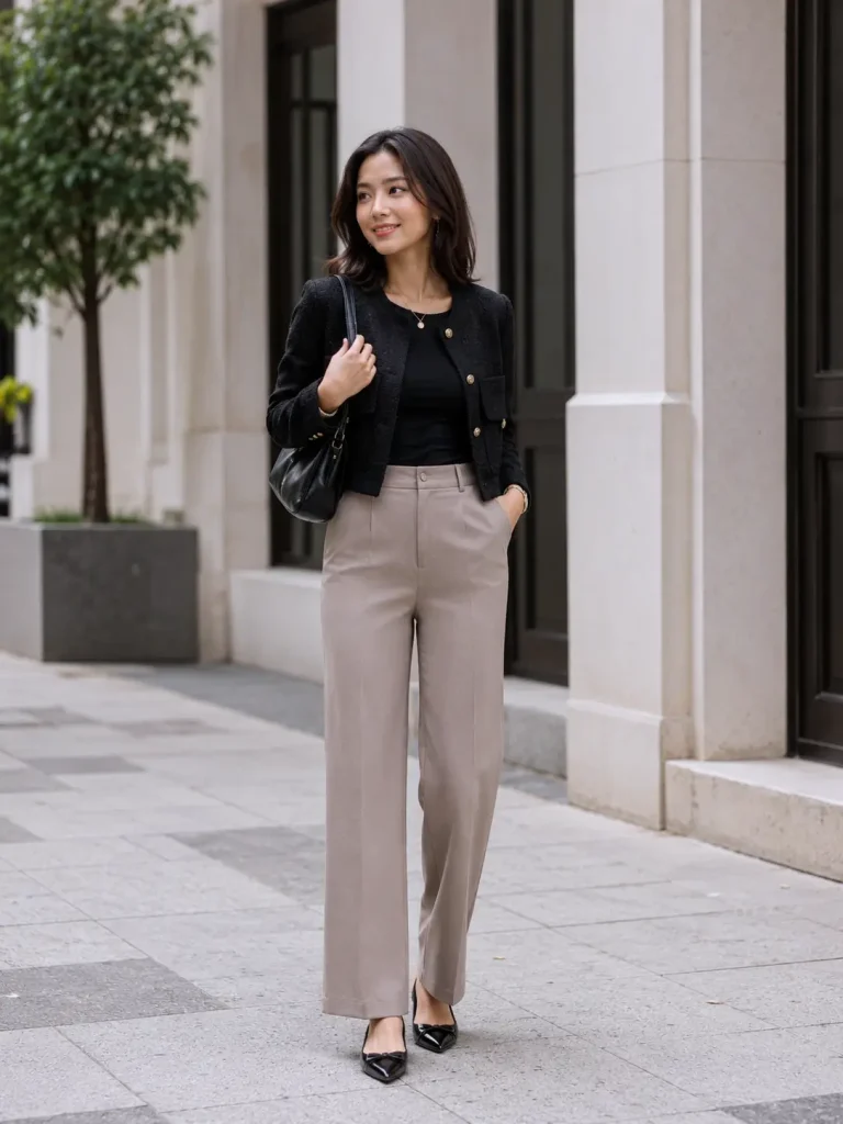 Petite Outfit Idea, High-waist pants and a cropped jacket help the legs look longer.