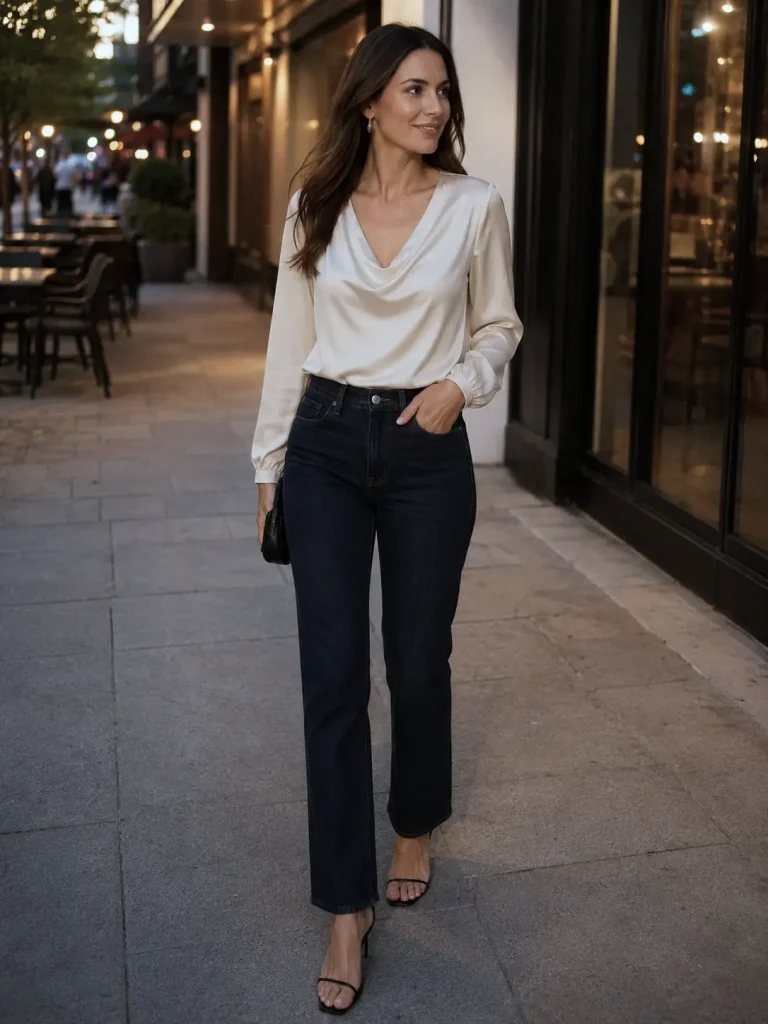 Date Night Outfit Ideas- Dark Jeans and a Nice Top, Dark denim feels more dressed up than light denim but still feels easy.