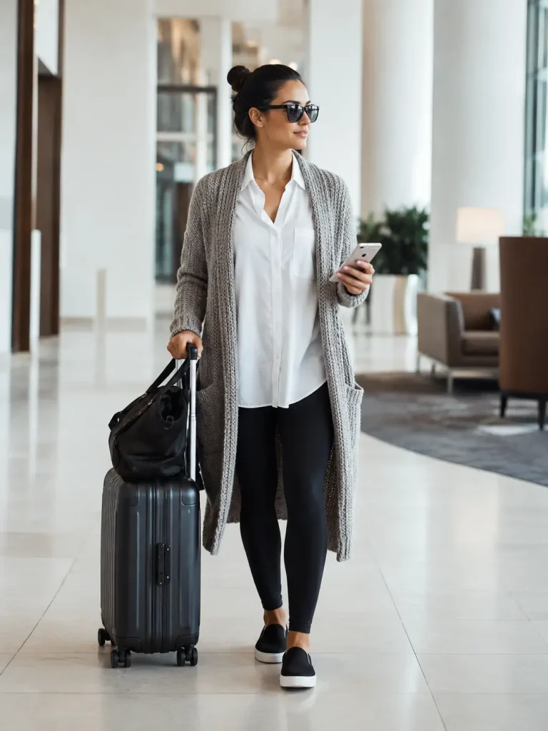 Airport and Travel Outfit Ideas, Leggings and Oversized Shirt, Leggings give comfort, while the button-down shirt makes the outfit look less like gym wear.