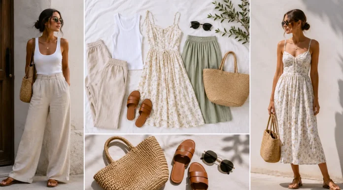 15 Summer Outfit Ideas for Women That Beat the Heat Summer outfit ideas for women with linen pants, cotton dresses, sandals, and woven bags.