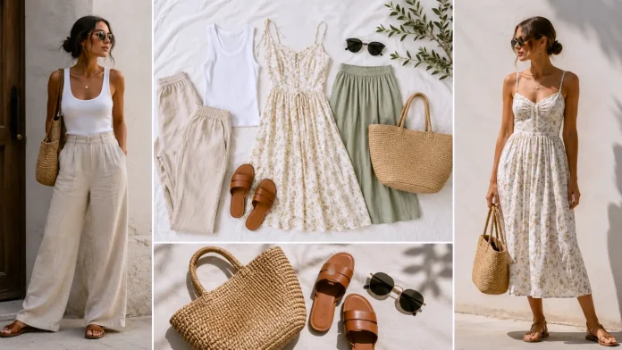 Summer outfit ideas for women with linen pants, cotton dresses, sandals, and woven bags.