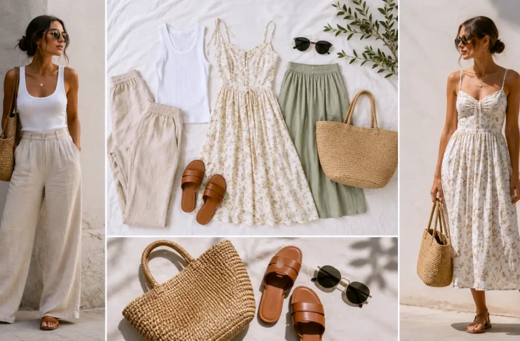 Summer outfit ideas for women with linen pants, cotton dresses, sandals, and woven bags.
