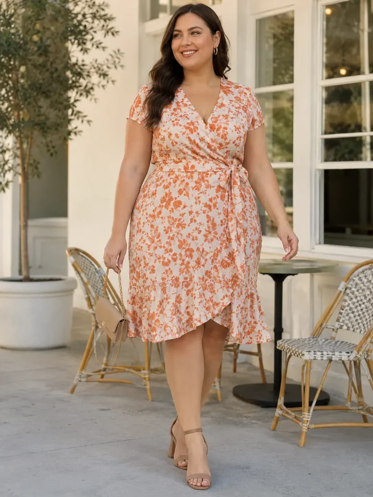 Summer Outfit Ideas for Women, Plus-Size Wrap Dress With Block Sandals, a wrap dress gives shape without needing tight fabric. It is one of the easiest plus-size summer outfit ideas for a polished look.
