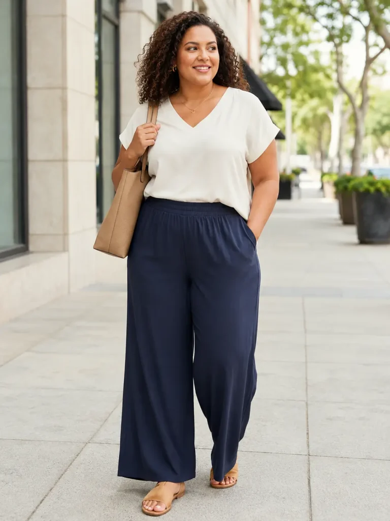 Summer Outfit Ideas for Women, Plus-Size Wide-Leg Pants With a Soft Blouse, wide-leg pants create airflow and movement, while a V-neck blouse keeps the top half open and light.
