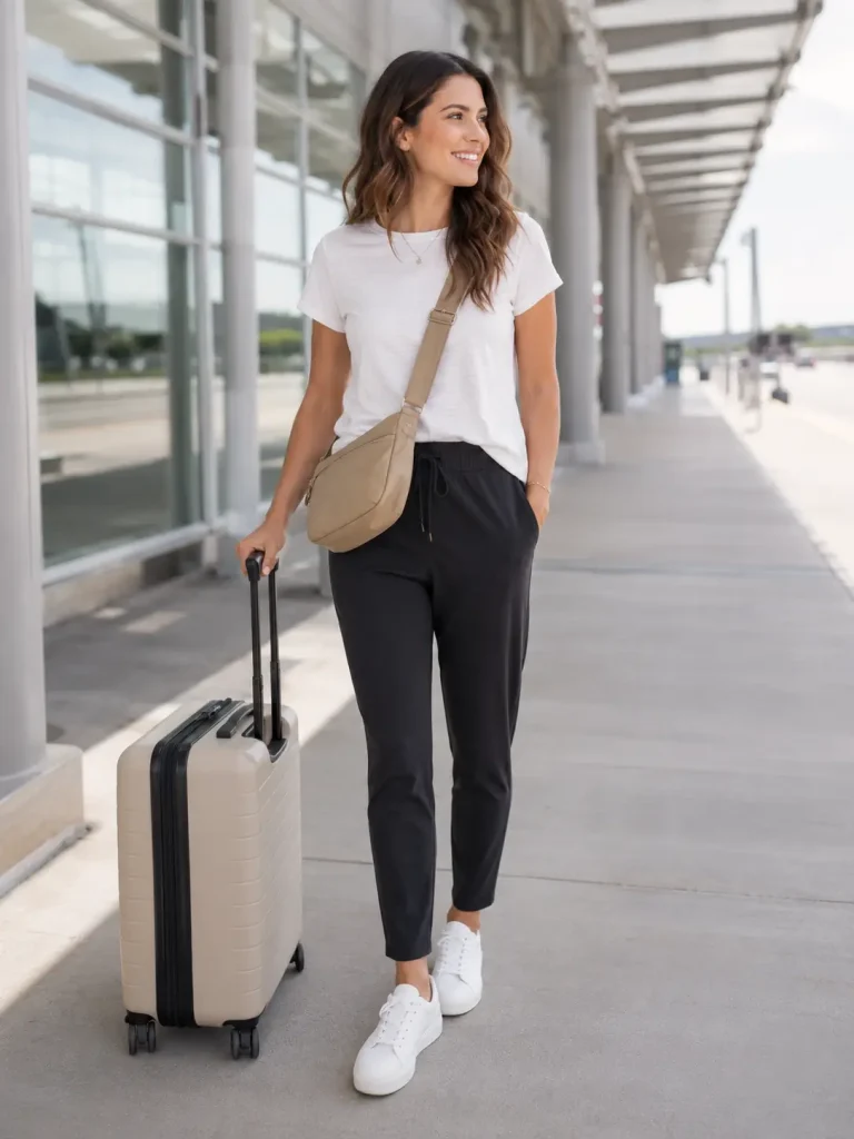 Summer Outfit Ideas for Women, Travel Outfit With Pull-On Pants, pull-on pants feel comfortable while still looking cleaner than pajama-style bottoms.