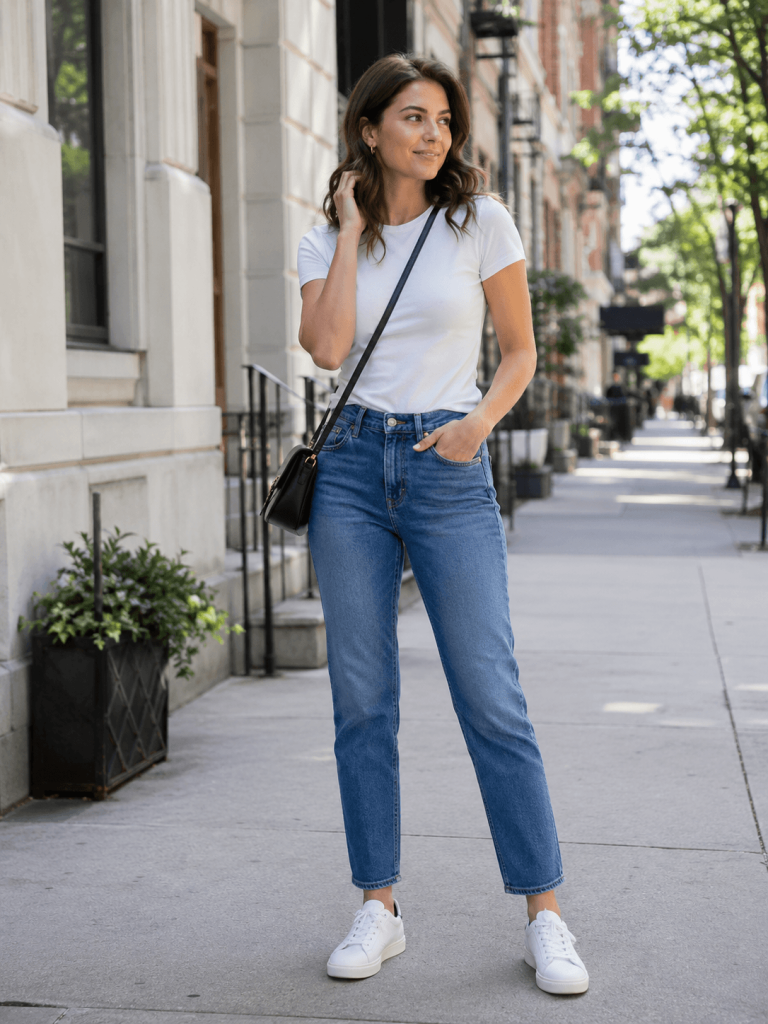Woman wearing a white fitted tee, straight-leg jeans, white sneakers, and crossbody bag on a city sidewalk. casual outfit ideas for women