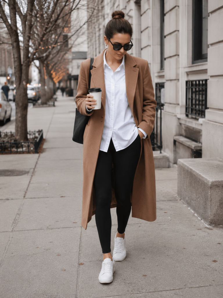 Woman wearing black leggings, oversized white shirt, camel coat, and white sneakers on a winter city sidewalk.