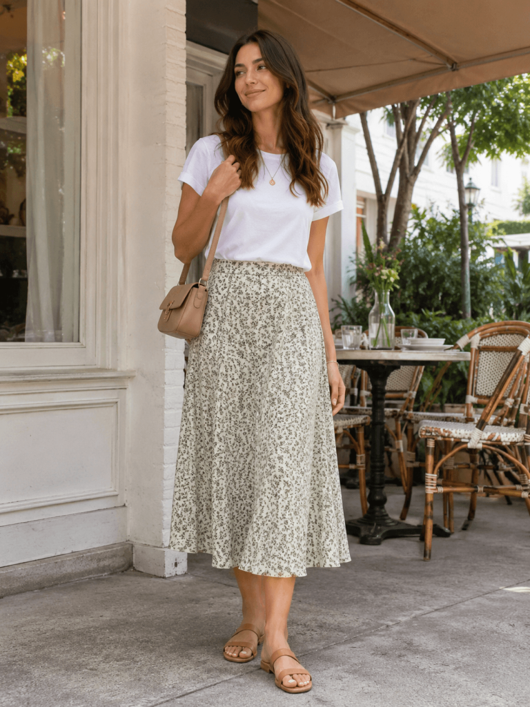 Woman wearing a white tee, floral midi skirt, tan sandals, and small shoulder bag outside a bright cafe.