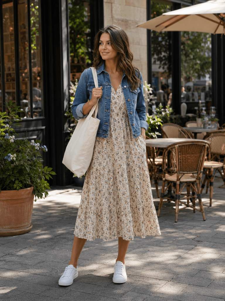 Woman wearing a cotton midi dress, denim jacket, white sneakers, and canvas tote outside a cafe.