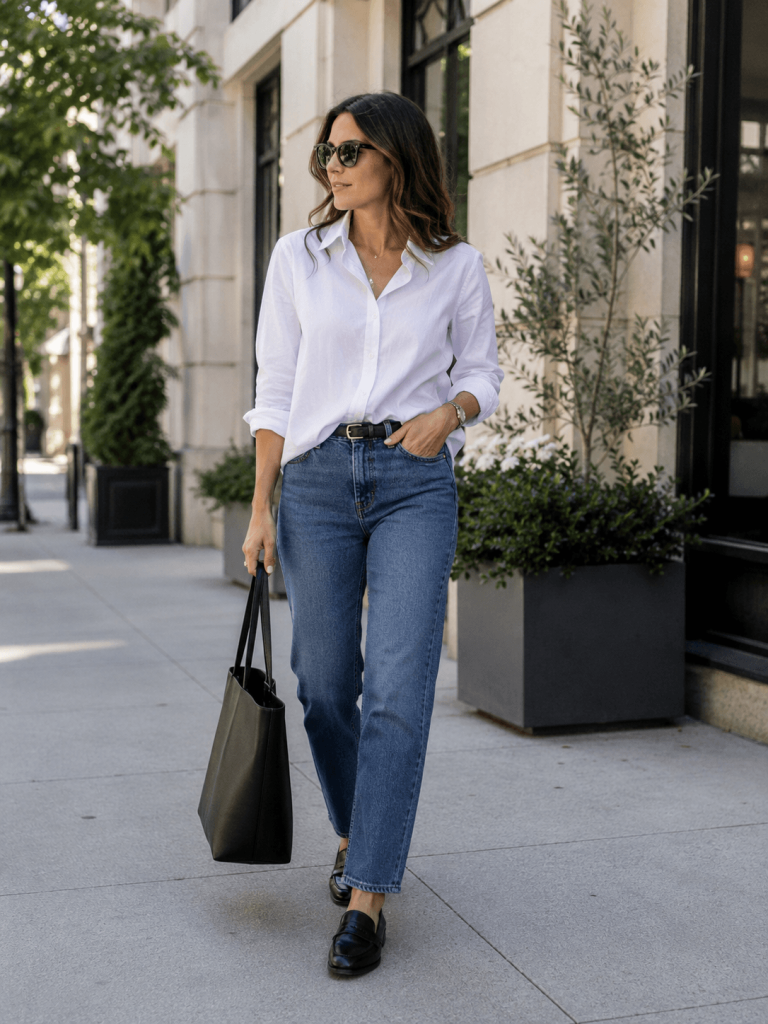 Woman wearing a white button-down shirt, straight-leg jeans, black loafers, and structured tote on a city sidewalk.