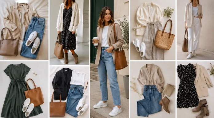 Outfit Ideas for Every Season and Occasion Outfit ideas for women with jeans, sneakers, blazer, midi dress, linen pants, cardigan, and ankle boots.