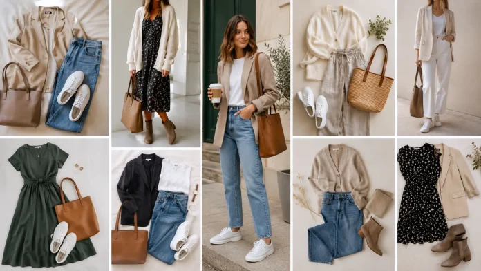Outfit ideas for women with jeans, sneakers, blazer, midi dress, linen pants, cardigan, and ankle boots.