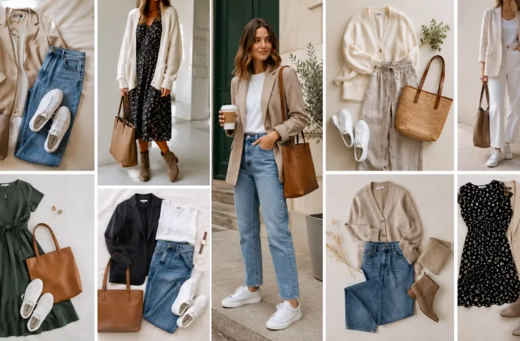 Outfit ideas for women with jeans, sneakers, blazer, midi dress, linen pants, cardigan, and ankle boots.