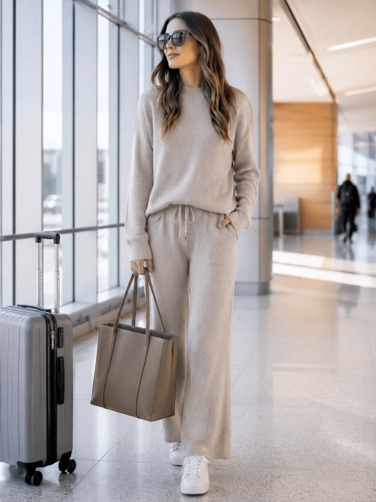 Cute Outfit Ideas for Women, neutral matching knit set with white sneakers and a structured tote bag, airport outfit idea