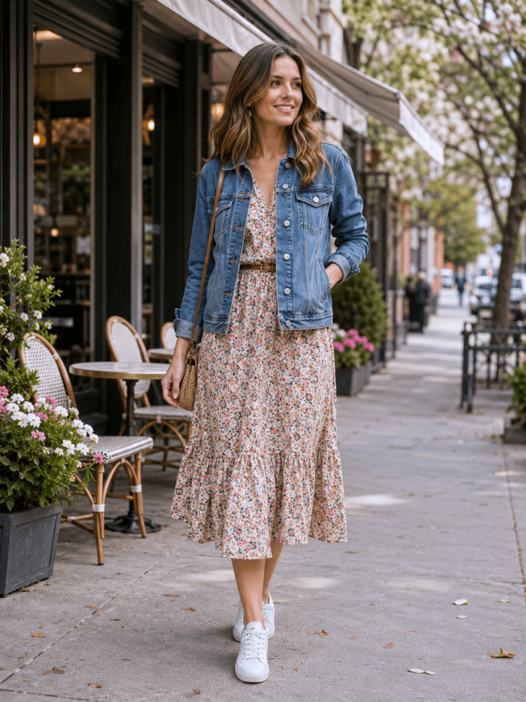 Cute Outfit Ideas for Women, a floral midi dress, denim jacket, and white sneakers, spring casual outfit