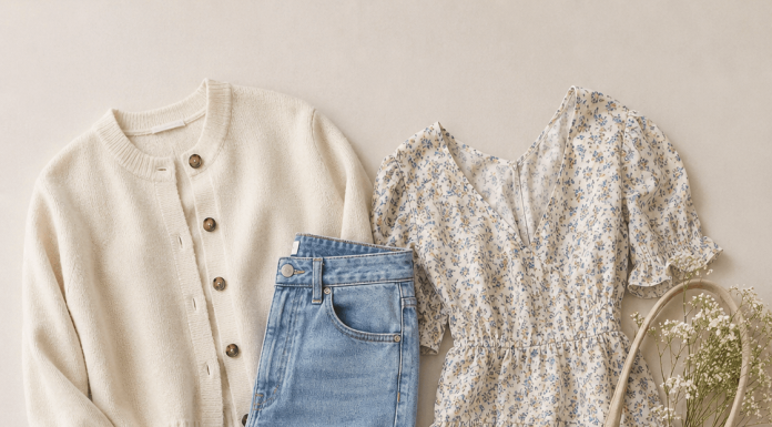 12 Cute Outfit Ideas for Women You’ll Actually Want to Wear cute outfit ideas, white sneakers, straight-leg jeans, cardigan, floral dress, tote bag, ballet flats,