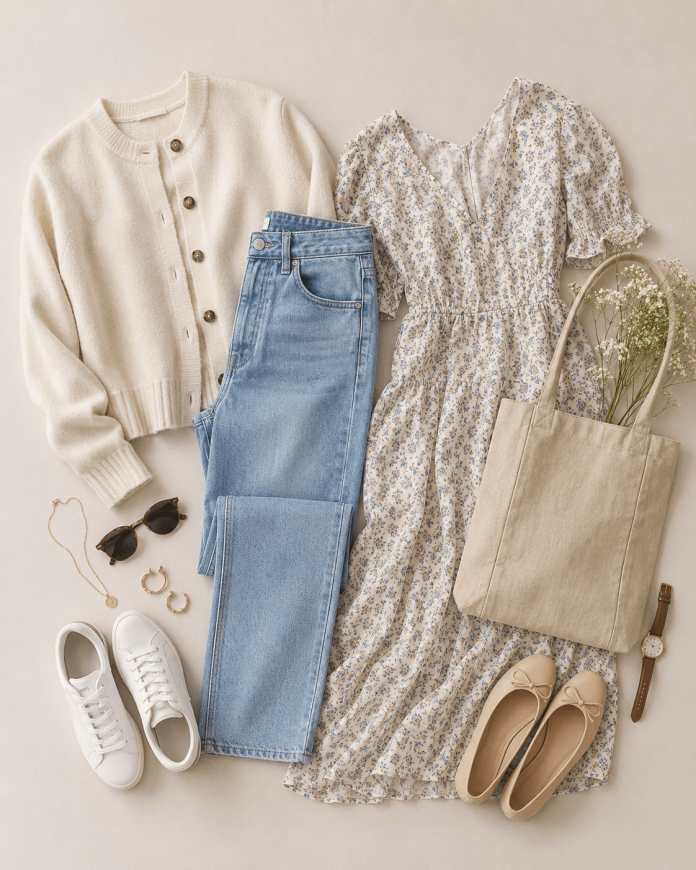cute outfit ideas, white sneakers, straight-leg jeans, cardigan, floral dress, tote bag, ballet flats,