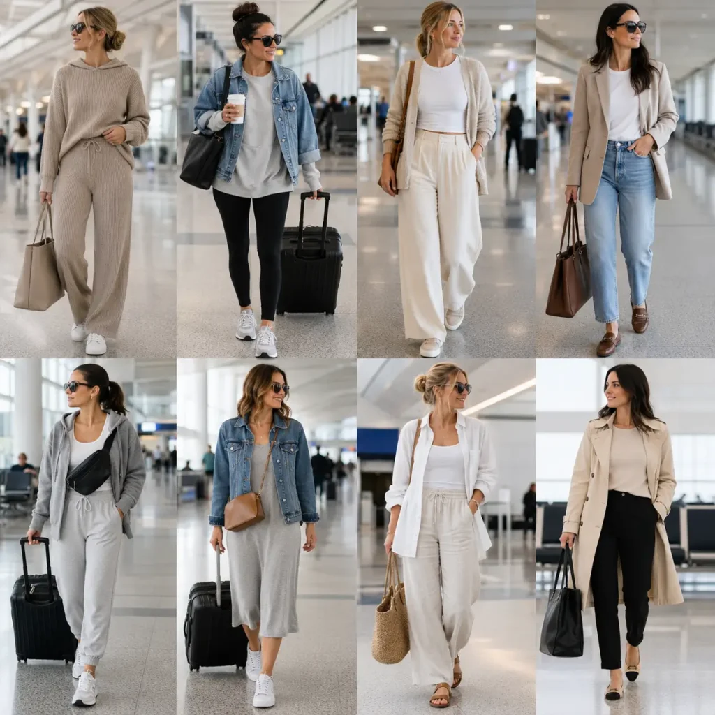 Eight airport outfit ideas for women in a modern terminal, including knit sets, leggings, jeans, joggers, dresses, linen pants, and trench coats.