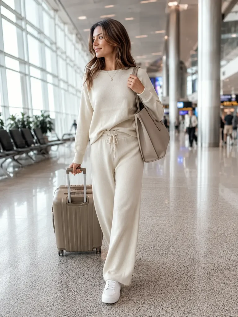 Woman wearing a cream matching knit set, white sneakers, and structured tote while walking through a modern airport with a carry-on suitcase.