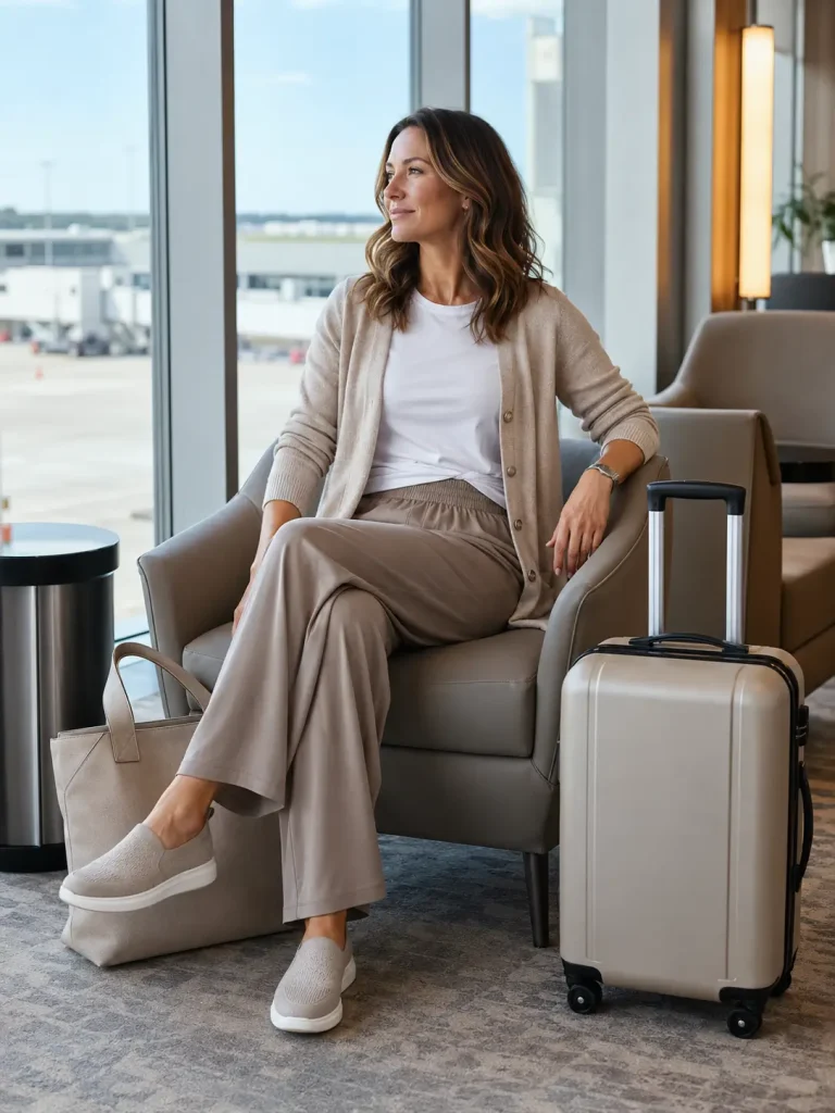 Woman sitting near an airport lounge window wearing taupe wide-leg pants, a white tee, beige cardigan, slip-on sneakers, and travel tote